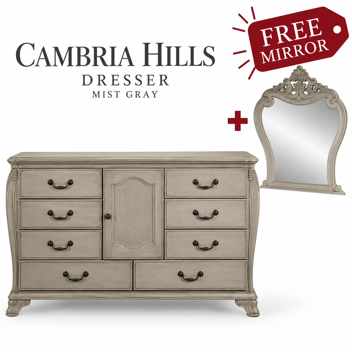 Cambria Hills Dresser – Mist Gray + FREE Mirror